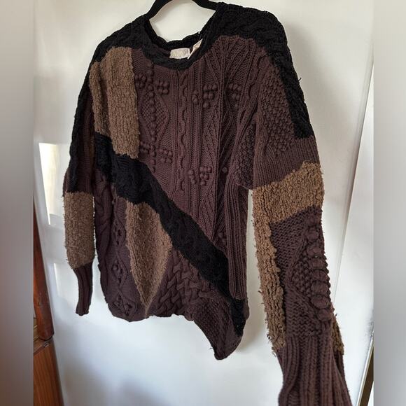 Vintage Patchwork Knit Sweater Brown Black Grunge Textured Uneven Hem sz L/XL - Picture 8 of 10